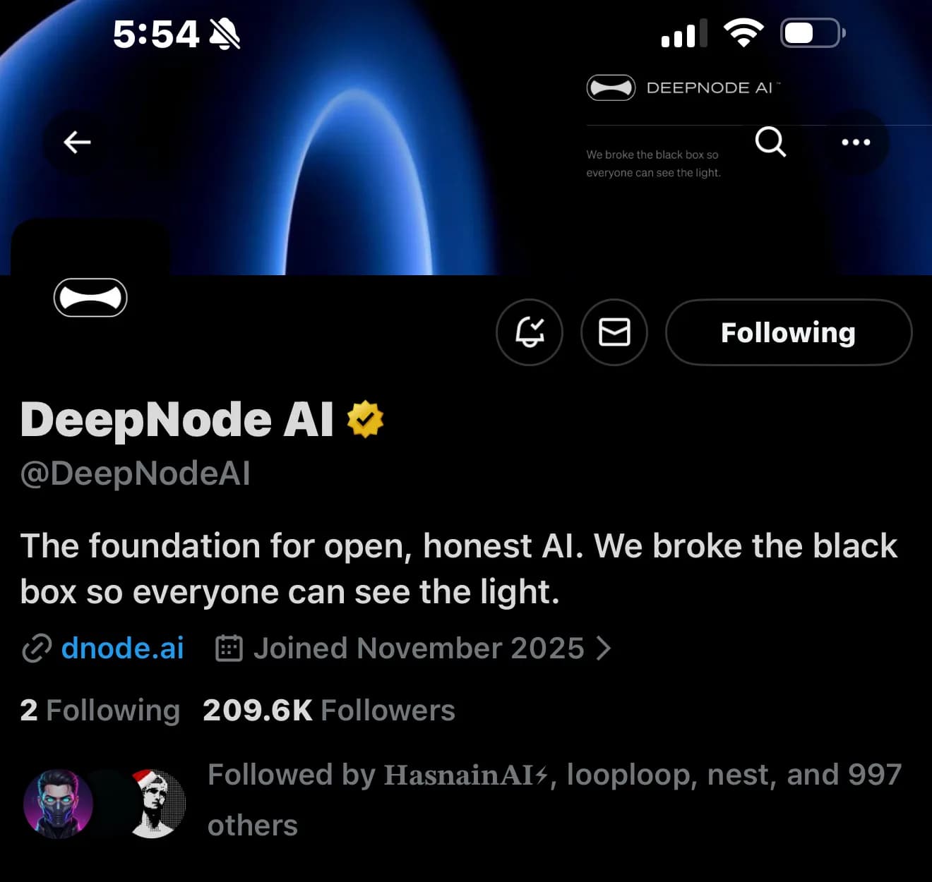 DeepNode AI Twitter follower growth after buying followers from TweetBoost - grew from 4.5K to 209.6K